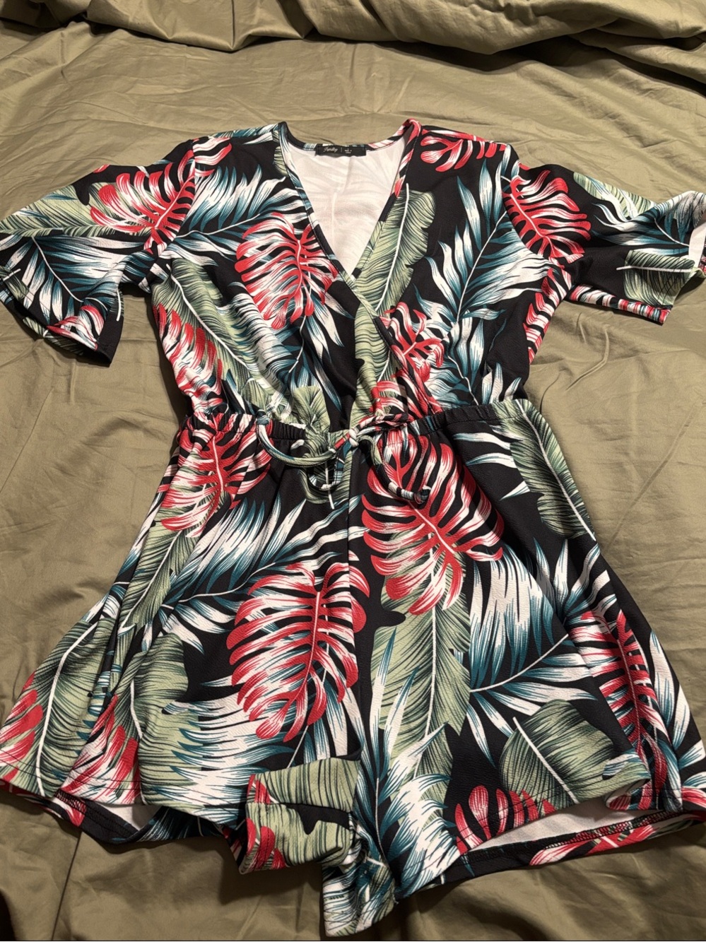 Women’s Tropical Leaf Print Wrap Romper - Black/Red/Green